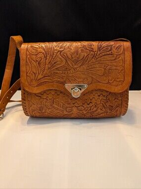 Vintage Tooled Leather Shoulder Bag Western Boho Handmade